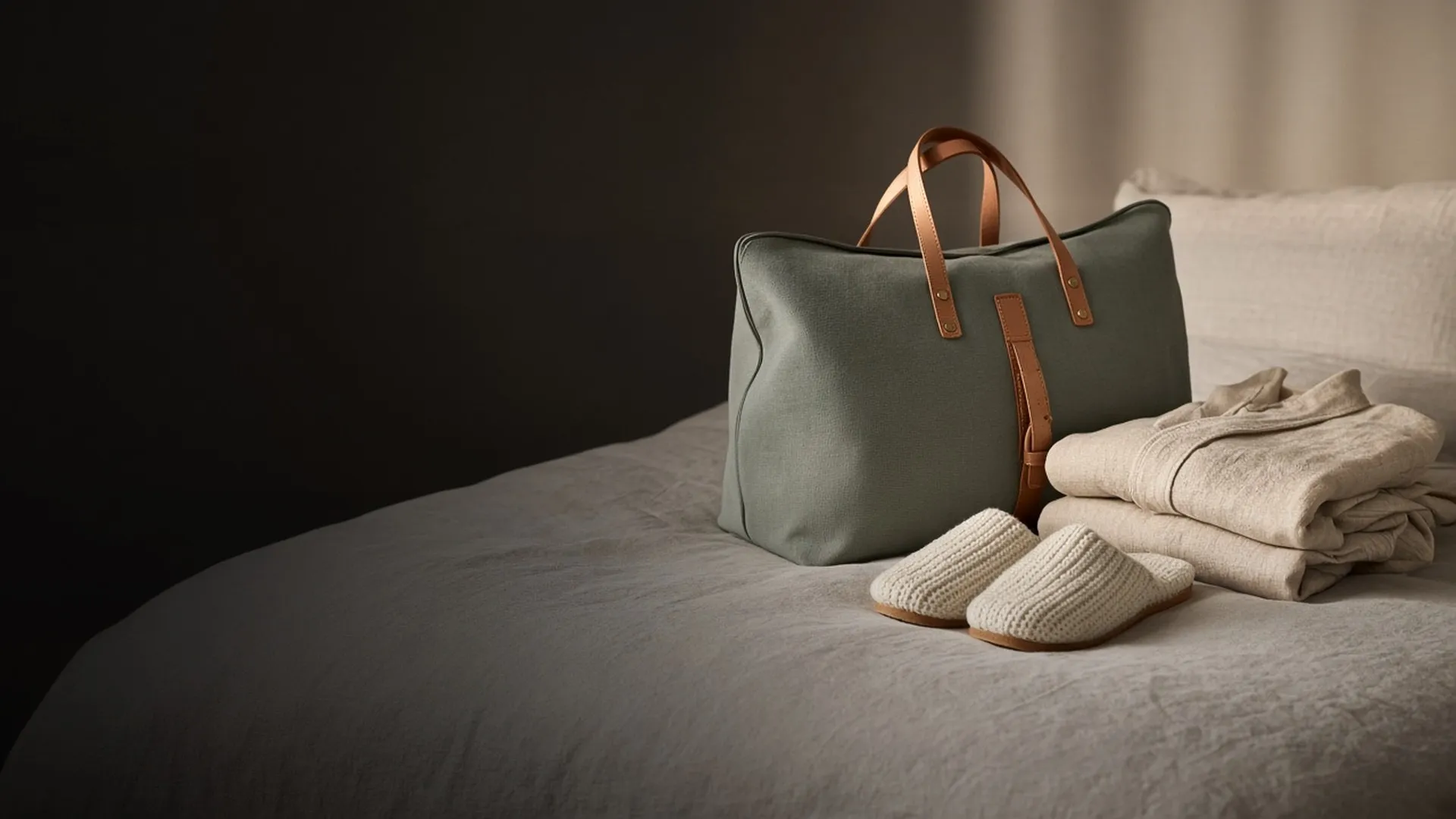 A packed sage bag with a folded cream robe and soft slippers on a linen bed