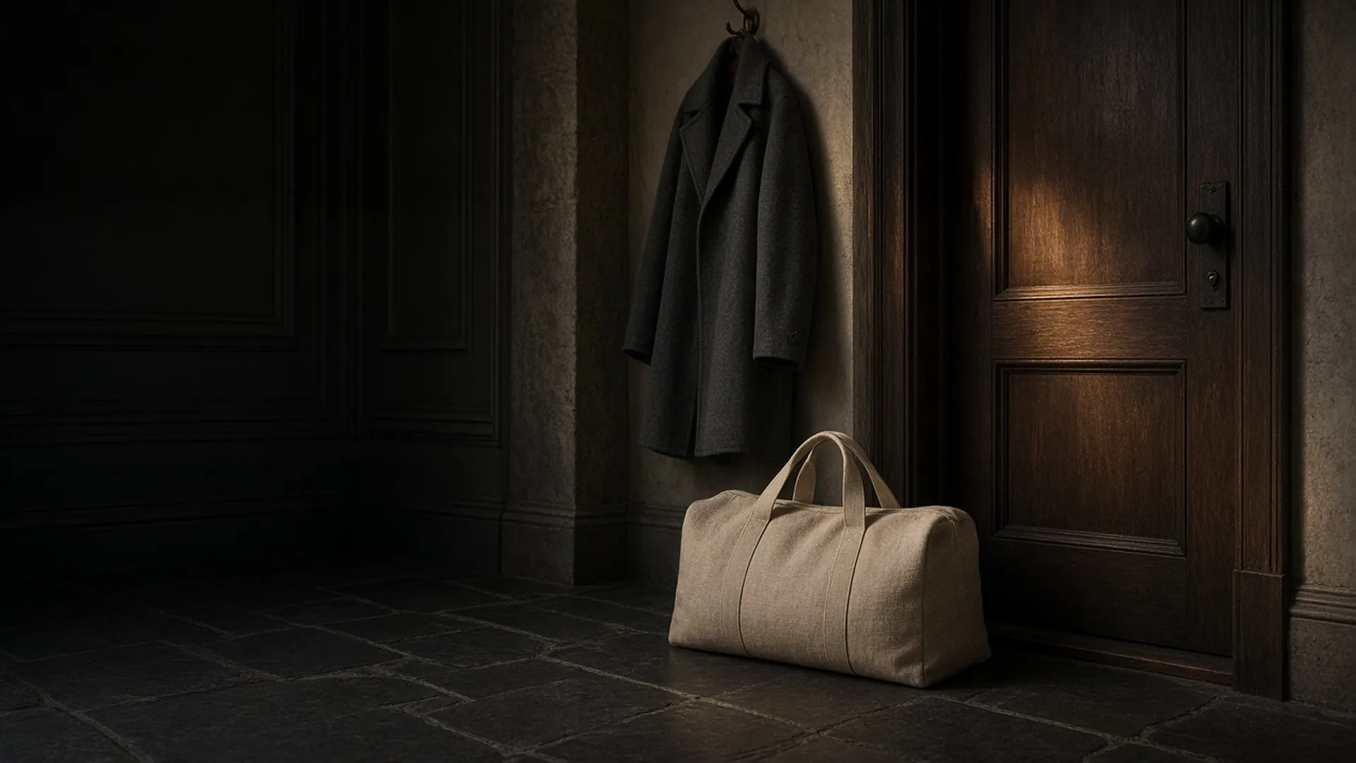 A packed bag waiting by a closed front door below a coat on a hook